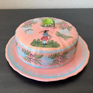 Rare Henriot Quimper Pink Cheese Dish with Lid France Breton Man Vintage 1930s - Picture 1 of 10