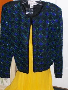 SUPERB giacca blusa top paillettes ricamate blu verde seta abbigliamento femminile - Foto 1 di 12