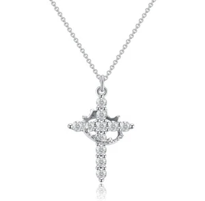 14k Gold Cross Necklace for Women,Cubic Zirconia Crown Cross Pendant Necklaces - Picture 1 of 18