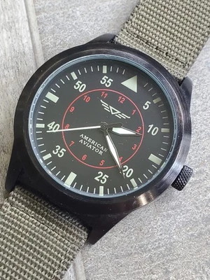 American Aviator Watch Men 44mm Black Case Green Nylon Band- New Battery - Image 1 of 4