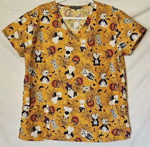 Ladies Halloween Theme Pattern on Yellow Hip Pockets Medical Wear by Serene Sz L - Picture 1 of 6