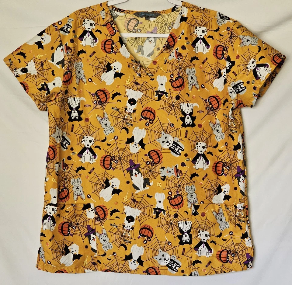 Ladies Halloween Theme Pattern on Yellow Hip Pockets Medical Wear by Serene Sz L - Image 1 of 4