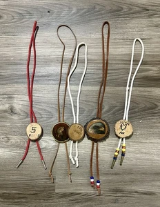 5 Vintage Western Style Homemade Wooden Bolo Ties Fox & Eagle Themed - Picture 1 of 6