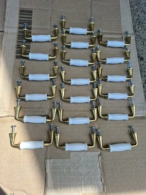 Vintage Drawer Pulls Hardware Handle Brass Patina white enamel  3" Center Lot 19 - Image 1 of 4