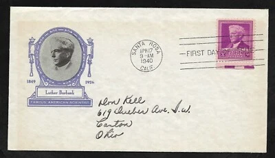 #876 3c Famous Americans - Scientist - Luther Burbank  - Ioor FDC w/EE bars - Image 1 of 2