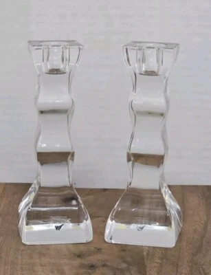 Pair Orrefors Sweden Clear Crystal Wavy Candlesticks Abstract Modern Art Signed  - Image 1 of 4