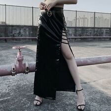 Punk Women Gothic Skirt Slit Bodycon Faux Leather Hollow Bandage Sexy Shiny