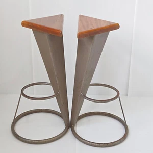 Vintage 1980 Triangle Shaped Bar Stool Pair Steel & Beech Memphis - Picture 1 of 14
