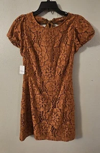 Free People Lace Mini Dress Pretty Penni Brun Puff Sleeve Lined Sz XS NWT $168 - Picture 1 of 8