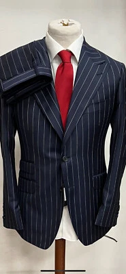 Traje de lana Cerruti super 150 azul a rayas con solapa de pico/bolsillo para boletos Foto 1 de 3