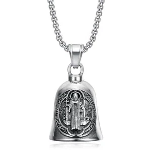 Motorcycle Riding Lucky Bell Saint St Benedict Pendant Necklace for Men - Picture 1 of 11