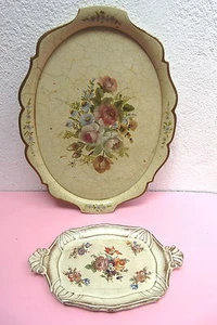 2 lovely old server trays Hollywood Regency wooden toleware handpainted roses - Picture 1 of 3