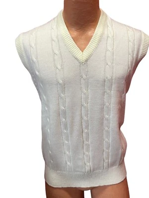 PARA HOMBRES L~XL De Colección Años 70 Crema Chaleco Carrera Club Suéter Cable Tejido Disco Club Mod Fiesta Foto 1 de 4