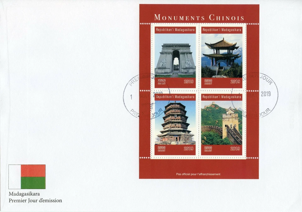 Madagascar 2019 FDC Chinese Monuments Great Wall 4v M/S Cover Temples Stamps - Image 1 of 1