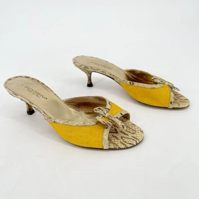 Dolce & Gabbana Retro Snakeskin Yellow Canvas Peep Toe Kitten Heel Mule IT 36 - Image 1 of 4