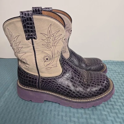 Botas de Vaquero de Colección Ariat Fatbaby Púrpura Estampado de Cocodrilo Gamuza Top Cuero Talla 5 Foto 1 de 4