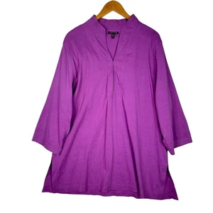 Top tunica Eileen Fisher donna XL viola misto lino tessuto italiano manica 3/4 - Foto 1 di 14