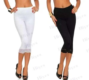 Women Lace Trim Leggings Capri 3/4 Cropped Stretchy LEGGING Cropped Pants 8-20 - Picture 1 of 6