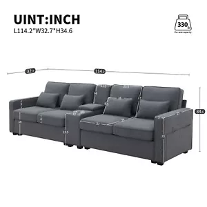 114.2" DARK GREY Modern Upholstered Sofa 4 Seat With Console, 2 Cupholders - Picture 1 of 12