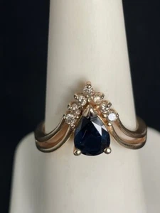 14K YELLOW GOLD DARK BLUE TOPAZ & DIAMOND RING SIZE 7.5 - Picture 1 of 10