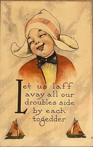 Chica holandesa riendo divertido poema color boceto arte postal vintage c1910 - Imagen 1 de 5