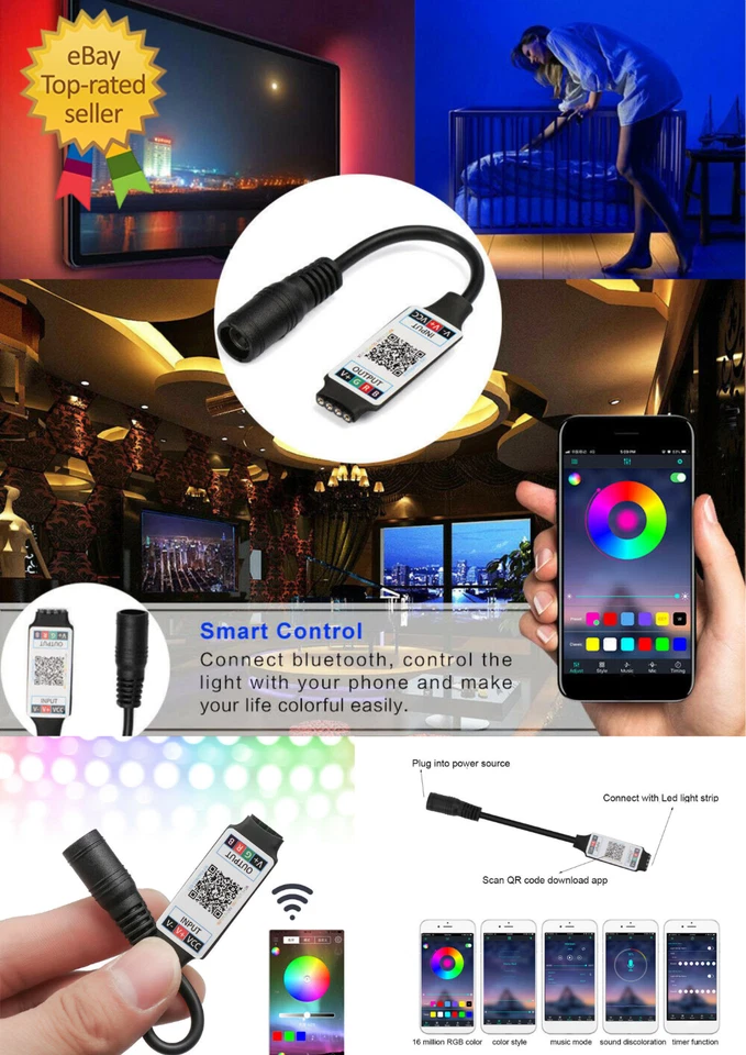 Mini LED Bluetooth RGB Strip Light Controller Wireless Smart Phone Control *156 - Image 1 of 4