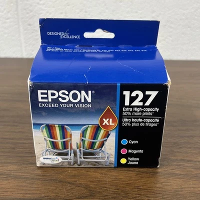 New Epson 127 XL Cyan Magenta Yellow 3-Pack Ink Cartridges T127520 Exp 08/2024 - Image 1 of 3
