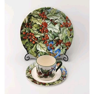 Taza de café y platillo Le Houx Gien Francia acebos y cinta azul plato de postre - Imagen 1 de 22