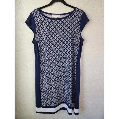 Michael Kors Navy Blue White Geometric Print Knit Sheath Dress - Image 1 of 4