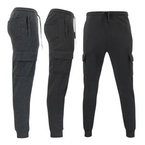 Mens Cargo Fleece Jogger Track Pants Slim Fit Zip Pocket Cuffed Gym Trackies - Picture 1 of 11