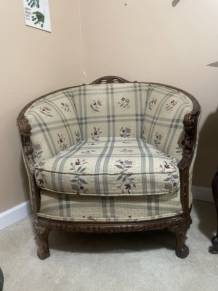 Vintage French Country Louis XV Style Carved Walnut Low Bergere Lounge Chair - Image 1 of 3