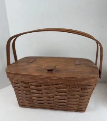 Vintage Longaberger Picnic Basket Handwoven Lid Double Handle Signed 1992 USA - Image 1 of 4