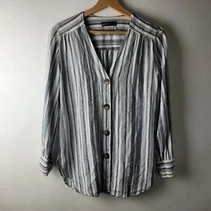 M&S Women Size 8 White Blue Stripe Flax Linen Blend Blouse Shirt Summer Casual - Picture 1 of 12