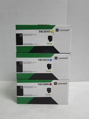 LEXMARK 74C10C0 74C10MO 74C10YO 3 TONER CARTRIDGE CYAN YELLOW MAGENTA NEW - Image 1 of 4