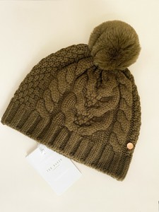 NWT Ted Baker "YNUTA" Women Winter Cable Knit Pom Pom Green Hat