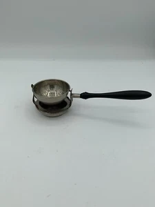 1910 Silver Plated Tea Strainer Wooden Handle Swivel Drip Bowl Vintage Tea Time - Picture 1 of 5