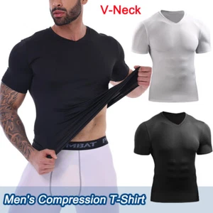 Men's Athletic V-neck Slimming Compression T-shirt Short Sleeve Cool Dry Tops US - Picture 1 of 26