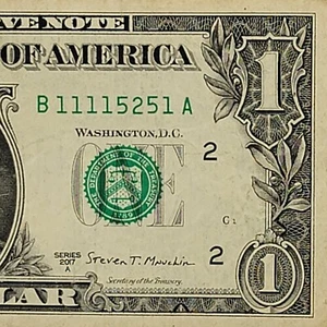 5 of a Kind 1s Fancy Seriennummer One Dollar Schein B111154251 Quad 1s Trinary - Bild 1 von 8