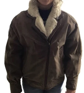 vintage womens brown leather bomber jacket With Faux Fur Trim Medium - Picture 1 of 7