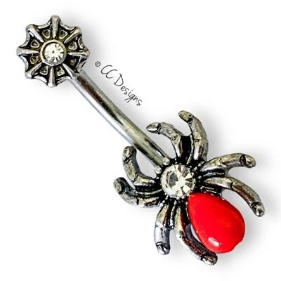 14g Blanco Brillo Circonita Espeluznante Gótico Pulido Rojo Tela de Araña Anillo Vientre B152 Foto 1 de 2