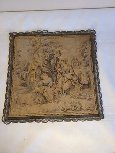 Vintage French Tapestry Romantic Couple 10"x 10" Made in France Lace Trim - Picture 1 of 7