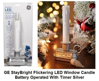 GE StayBright Flickering LED Window Candle Battery Operated With Timer Silver - Image 1 of 4