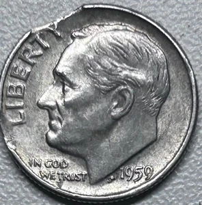 1959-P Roosevelt Dime 90% Silver ~ Double Curved Clipped Planchet Error - Picture 1 of 8