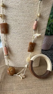 Corded Chunky Bead & shell Beach style necklace & wood/bone bangle boho beach - Picture 1 of 5