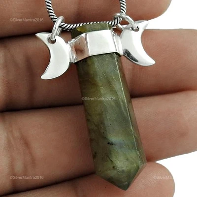 Natale Regalo Baguette Labradorite Pietra 925 Argento Sterling Matita Ciondolo - Immagine 1 di 4