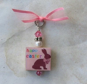 Happy Easter Pendant Charm Chocolate Bunny Fun Art Pink Altered Art Scrabble  - Picture 1 of 1