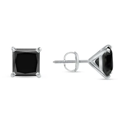3 Ct Princess Cut Black Earrings Studs Solid 14K White Gold Screw Back Martini - Image 1 of 3
