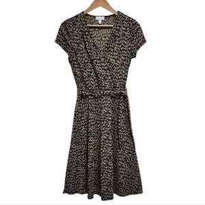 Charter Club Faux Wrap Dress 8 Brown Animal Print Short Slv V Neck Midi Office - Picture 1 of 11