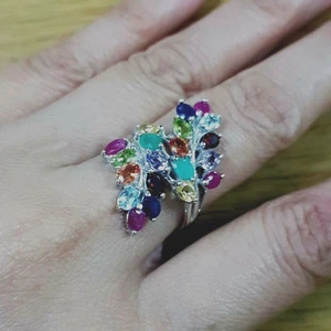 Vintage Handmade Thai 925 Silver  Multi-Color Gemstone Olive Leaves Ring Size7 - Picture 1 of 6