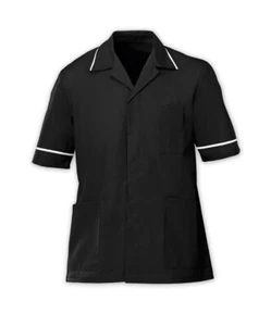 HERREN GESUNDHEITSTUNIKA MÄNNLICHE KRANKENSCHWESTER ZAHNARZT TIERARZT UNIFORM SCHWARZ/WEISS BESATZ INS37BL - Bild 1 von 1